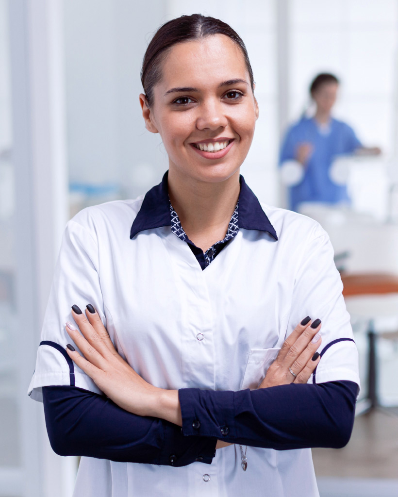 cheerful dentist in dental reception